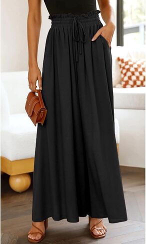 Pasgreson Women's Casual Wide Leg Pants Flowy Ruffle Elastic Drawstring Waist Beach Palazzo Loose Pants with Pockets in Saudi Arabia