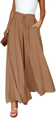 Pasgreson Women's Casual Wide Leg Pants Flowy Ruffle Elastic Drawstring Waist Beach Palazzo Loose Pants with Pockets in Saudi Arabia