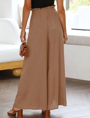 Pasgreson Women's Casual Wide Leg Pants Flowy Ruffle Elastic Drawstring Waist Beach Palazzo Loose Pants with Pockets in Saudi Arabia