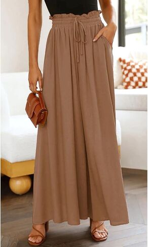 Pasgreson Women's Casual Wide Leg Pants Flowy Ruffle Elastic Drawstring Waist Beach Palazzo Loose Pants with Pockets in Saudi Arabia