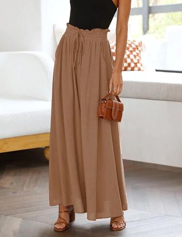 Pasgreson Women's Casual Wide Leg Pants Flowy Ruffle Elastic Drawstring Waist Beach Palazzo Loose Pants with Pockets in Saudi Arabia