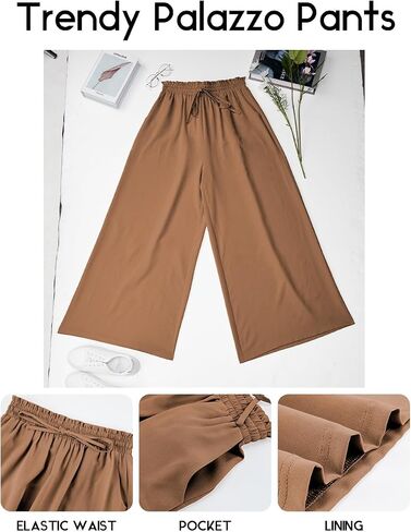 Pasgreson Women's Casual Wide Leg Pants Flowy Ruffle Elastic Drawstring Waist Beach Palazzo Loose Pants with Pockets in Saudi Arabia