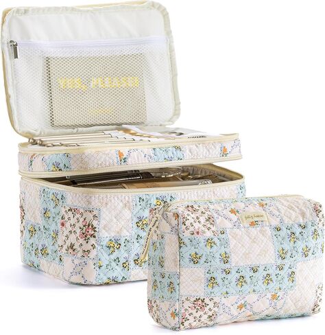 HBselect 2Pcs Double Layer Travel Makeup Bag Women, Cotton Quilted Makeup Bag Coquette Makeup Bag Large Travel Cosmetic Bag Aesthetic Cute Kawaii Cherry Makeup Bag Toiletry Bags for Women Girls in Saudi Arabia