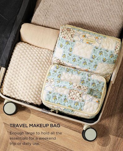 HBselect 2Pcs Double Layer Travel Makeup Bag Women, Cotton Quilted Makeup Bag Coquette Makeup Bag Large Travel Cosmetic Bag Aesthetic Cute Kawaii Cherry Makeup Bag Toiletry Bags for Women Girls in Saudi Arabia