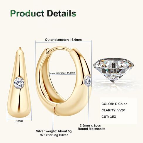Moissanite Classic Round Hoop Earrings, D Color Lab Create Diamond, 14K Gold Plated Sterling Silver Hoop Earring for Women and Men Birthday Christmas Jewelry Gifts in Saudi Arabia