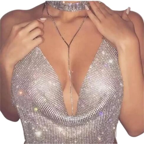 Statement Women Crystal Beads Gold Choker Y Chain Long Necklace Nightclub Party Jewelry in Kuwait