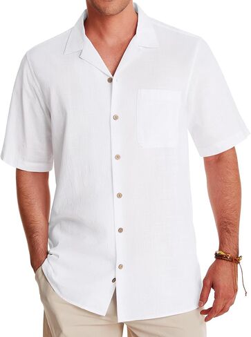 Alimens & Gentle Mens Linen Shirts Short Sleeve Button Down Shirts Cotton Summer Beach Cuban Shirts Vacation Hawaiian Shirts in Saudi Arabia