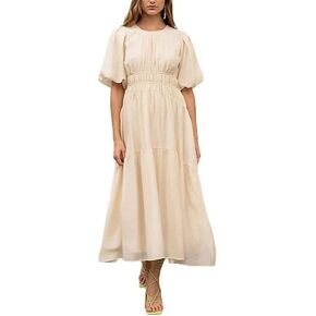 MOON RIVER Women's Shirred Puff Sleeve Bdarecsk Scut-Out Midi Dress