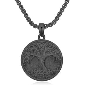 Tree of Life Necklace 925 Sterling Silver/18K Gold Plated/Black Tree of Life Coin Pendant Jewelry for Men Women Boy, with Stainless Steel Chain 22+2 Inch