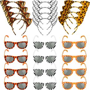 24 Pcs Safari Party Favors Include 12 Animals Sunglasses and 12 Animal Ears Headband Jungle Costume Party Supplies