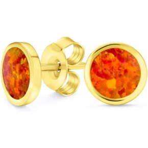 Classic Simple Iridescence Gemstone Bezel Setting Flat Round Circle Created White Orange Fire Opal Stud Earrings For Women 14K Gold Plated .925 Sterling Silver Small Large 5MM 9MM October Birthstone