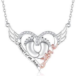 Sterling Silver Miscarriage Necklace for Women - Mommy of an angel Heart Pendant Loss of Pregnancy Memorial Jewelry Losing Child Sympathy Gifts for Mom