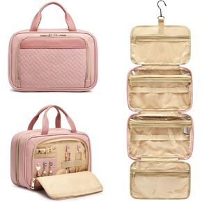 Newshows Leather Travel Toiletry Bag for Women with Jewelry Organizer Compartment, Large Makeup Cosmetic Bag with Hanging Hook, Travel Essentials Toiletries, Full Sized Container