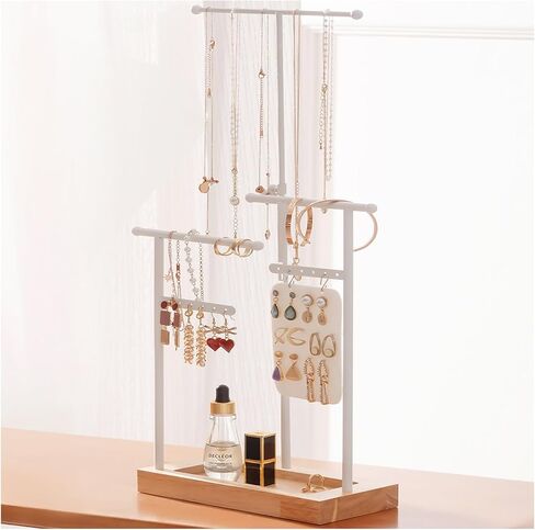 ProCase قلادة منظم حامل منظم المجوهرات، 3 طبقات ارتفاع قابل للتعديل حامل قلادة عرض لقلائد طويلة جدًا، حامل سوار حامل المجوهرات مع حامل قرط صينية خشبية - أبيض in Kuwait