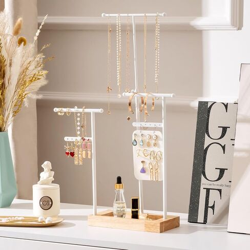 ProCase قلادة منظم حامل منظم المجوهرات، 3 طبقات ارتفاع قابل للتعديل حامل قلادة عرض لقلائد طويلة جدًا، حامل سوار حامل المجوهرات مع حامل قرط صينية خشبية - أبيض in Kuwait