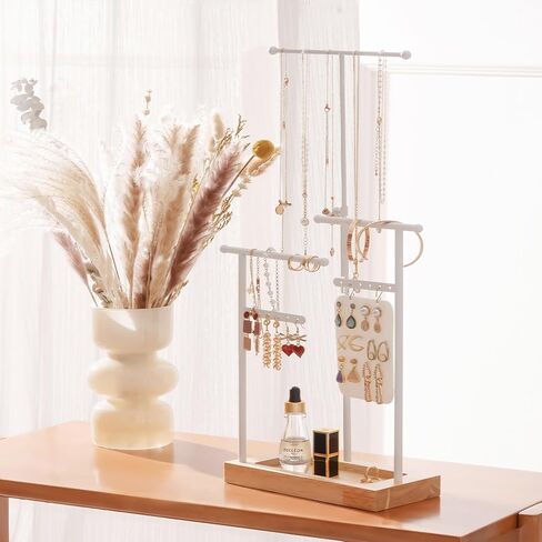 ProCase قلادة منظم حامل منظم المجوهرات، 3 طبقات ارتفاع قابل للتعديل حامل قلادة عرض لقلائد طويلة جدًا، حامل سوار حامل المجوهرات مع حامل قرط صينية خشبية - أبيض in Kuwait