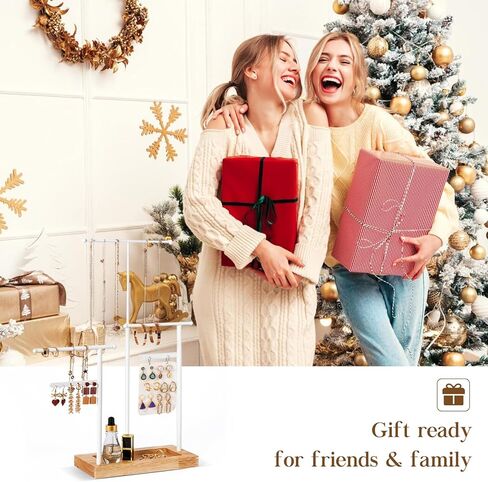 ProCase قلادة منظم حامل منظم المجوهرات، 3 طبقات ارتفاع قابل للتعديل حامل قلادة عرض لقلائد طويلة جدًا، حامل سوار حامل المجوهرات مع حامل قرط صينية خشبية - أبيض in Kuwait