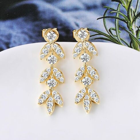 Moissanite Drop Dangle Earrings for Women, 925 Sterling Silver Lab Created Diamond Leaf-Shape Earrings 18K Gold Plated Earring Hypoallergenic Jewelry Christmas Birthday Gifts with Jewelry Box Packed in Kuwait