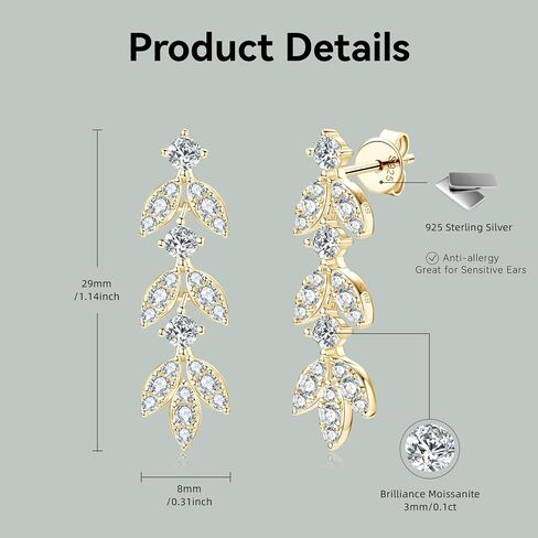 Moissanite Drop Dangle Earrings for Women, 925 Sterling Silver Lab Created Diamond Leaf-Shape Earrings 18K Gold Plated Earring Hypoallergenic Jewelry Christmas Birthday Gifts with Jewelry Box Packed in Kuwait