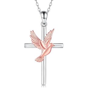 Sterling Silver Rose Dove Necklace, Love Heart Jewelry Holy Shalom Gift for Women