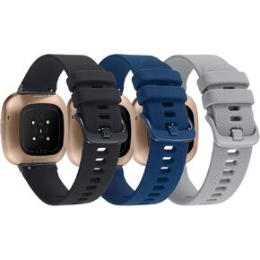 3-Pack Sport Bands Compatible with Fitbit Versa 4/Versa 3/Sense 2/Sense Band, Classic Soft Silicone Replacement Wristband Strap Accessories for Women Men(Black/Midnight Blue/Gray)
