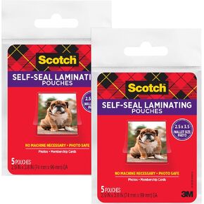 Scotch Self-Sealing Laminating Pouches, Wallet Photo Size, Glossy Finish, 2 1/2 in. x 3 1/2 in., 5 Pouches