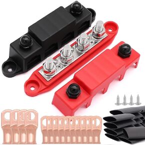 250A Bus Bar 12V Power Distribution Block with Cover，4 * 3/8"(M10) Post for Wiring,Automotive,Marine,Battery busbar