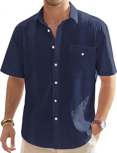 J.VER Men's Linen Cotton Shirt Casual Button Up Short Sleeve Embroidery Shirt with Pocket in Saudi Arabia