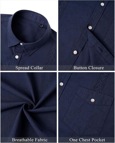 J.VER Men's Linen Cotton Shirt Casual Button Up Short Sleeve Embroidery Shirt with Pocket in Saudi Arabia