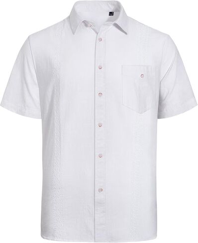 قميص J.VER رجالي من القطن والكتان كاجوال بأزرار وأكمام قصيرة مطرزة مع جيب in Kuwait