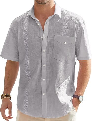J.VER Men's Linen Cotton Shirt Casual Button Up Short Sleeve Embroidery Shirt with Pocket in Saudi Arabia