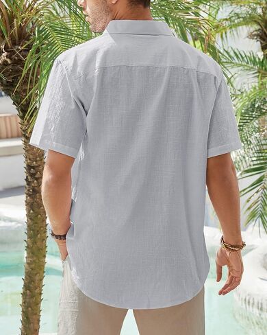 J.VER Men's Linen Cotton Shirt Casual Button Up Short Sleeve Embroidery Shirt with Pocket in Saudi Arabia