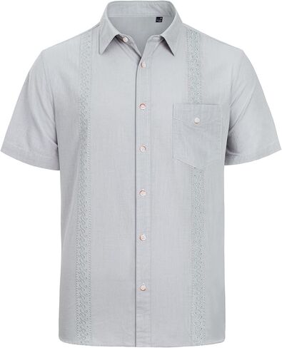 J.VER Men's Linen Cotton Shirt Casual Button Up Short Sleeve Embroidery Shirt with Pocket in Saudi Arabia
