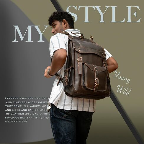 Satchel And Fable Vintage Full Grain 21 Inch Leather Laptop Large Backpack Casual Bookbag Daypack Camping Travel Rucksack Knapsack in Kuwait