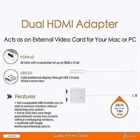 j5create USB to HDMI Adapter - Dual HDMI USB 3.0 Multi-Monitor Cable | 4K + 1080p | Compatible with Windows and macOS (JUA365) in Saudi Arabia