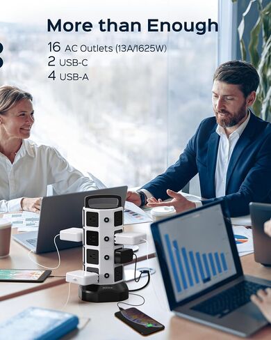 JACKYLED Power Strip Tower Surge Protector, 12 AC 6 USB (2 USB C), 1050J | 6.5Ft Retractable Extension Cord with Multiple Outlets, 1625W/13A Outlet Extender, USB Charging Station for Home Office Dorm in Kuwait