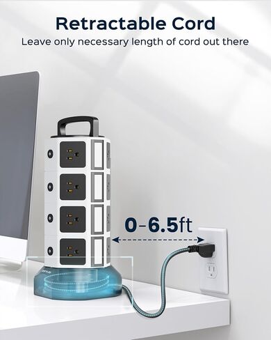 JACKYLED Power Strip Tower Surge Protector, 12 AC 6 USB (2 USB C), 1050J | 6.5Ft Retractable Extension Cord with Multiple Outlets, 1625W/13A Outlet Extender, USB Charging Station for Home Office Dorm in Kuwait