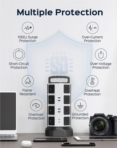 JACKYLED Power Strip Tower Surge Protector, 12 AC 6 USB (2 USB C), 1050J | 6.5Ft Retractable Extension Cord with Multiple Outlets, 1625W/13A Outlet Extender, USB Charging Station for Home Office Dorm in Kuwait