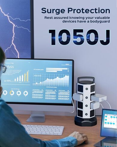 JACKYLED Power Strip Tower Surge Protector, 12 AC 6 USB (2 USB C), 1050J | 6.5Ft Retractable Extension Cord with Multiple Outlets, 1625W/13A Outlet Extender, USB Charging Station for Home Office Dorm in Kuwait