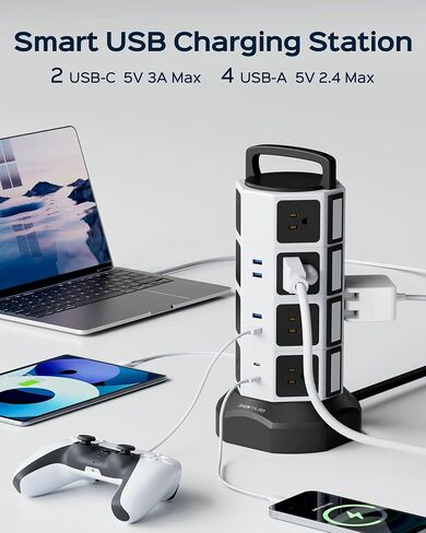 JACKYLED Power Strip Tower Surge Protector, 12 AC 6 USB (2 USB C), 1050J | 6.5Ft Retractable Extension Cord with Multiple Outlets, 1625W/13A Outlet Extender, USB Charging Station for Home Office Dorm in Kuwait