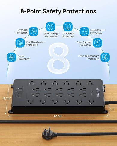 TROND Surge Protector Power Strip with USB C Ports, 5ft Extension Cord with Multiple Outlets, 22 AC Outlets and 4 USB Ports, 4000J, Flat Plug, Heavy Duty, Wall Mount, Under Desk, ETL Listed, Black in Kuwait