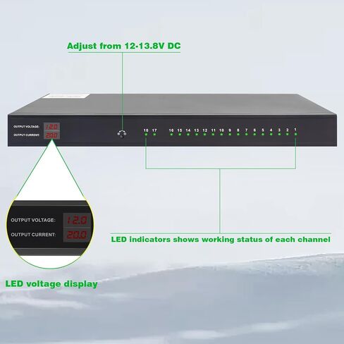 DC 16 Channel VBR CCTV 12V 20A Distributed Power Supply Rack Mount, PTC Reset Fuse,（UPS） Uninterruptible Power Supply System Function，Adjustable Output Voltage，for Security Cameras, DVR，NVR in Kuwait