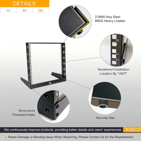 RIVECO 4U Network Rack Desktop 19 بوصة 2 رف إطار مفتوح مع شعاع معزز، رفوف قائمة بذاتها لمعدات الصوت والصوت لخادم تكنولوجيا المعلومات in Kuwait