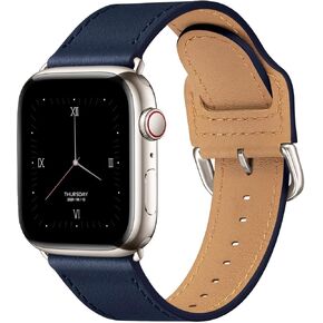 POWER PRIMACY Leather Bands Compatible with Apple Watch Band 38mm 40mm 41mm 42mm 44mm 45mm 49mm, Genuine Leather Strap Compatible for Women Men iWatch SE Ultra Series 9 8 7 6 5 4 3 2 1 (Black/Black)