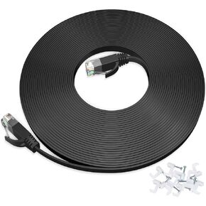 DEEGO Cat6 Ethernet Cable 25 ft, Flat Internet Cable Network LAN Patch Cord, Slim Interent Wire with Clips, High Speed Rj45 Ethernet Cord for Router,Modem,Computer,Faster Than Cat5e Cat5,Black