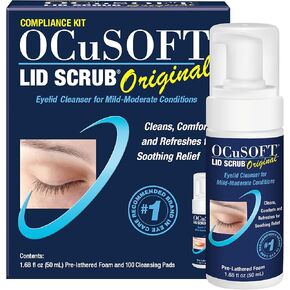 OCuSOFT Lid Scrub Original Compliance Kit - Instant Foaming Eyelid Scrub & Lint-Free Wipes - Daily Eyelid Kit to Remove Oil, Dust, Pollen & Eye Makeup - 1.68 fl oz & 100 Dry Pads