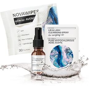 Avenova Eyelid and Eyelash Cleanser Spray with 30 Dry Wipes - Gentle Everyday Hypochlorous Acid Lid and Lash Cleansing Spray for Clearer and Healthier Eyes, 20mL