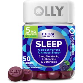 OLLY Extra Strength Sleep Gummy, Occasional Sleep Support, 5 mg Melatonin, L-Theanine, Chamomile, Lemon Balm Extracts, Sleep Aid, Blackberry Flavor - 90 Count (Packaging May Vary)