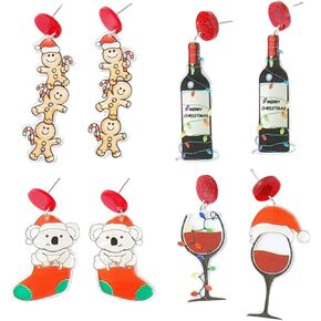 4/5Pairs Cute Cartoon Christmas Tree Dinosaur Alpaca Cactus Santa Claus Hat Drop Dangle Earring Set for Women Girl Teen Acrylic Glitter Cactus Animal Earring Xmas Party Jewelry Gift