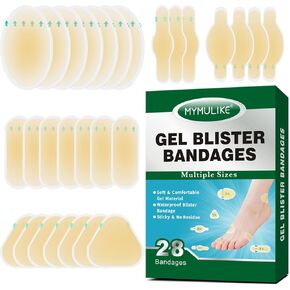 Blister Bandages, 28 Count MYMULIKE 5 Shapes Hydrocolloid Blister Bandage Waterproof Blister Pads for Feet - Heel Blister Pads for Prevention & Recovery - Protecting Foot Toe from Rubbing